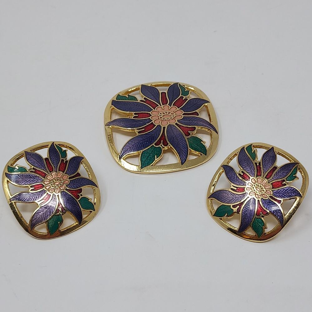 Cloisonne Floral Brooch Pierced Earrings Set Vintage